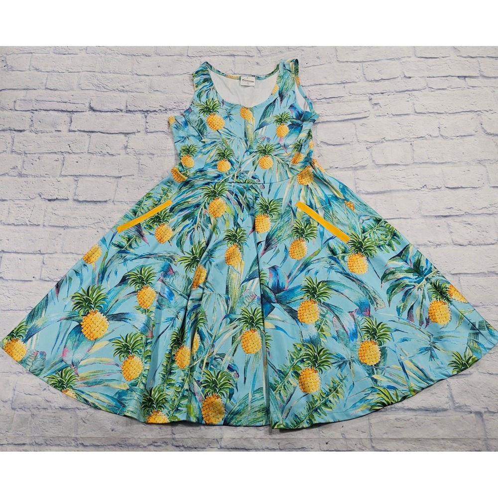 CowCow Pineapple Tropical Skater Dress Womens L Blue Yellow Sleeveless Pocket
